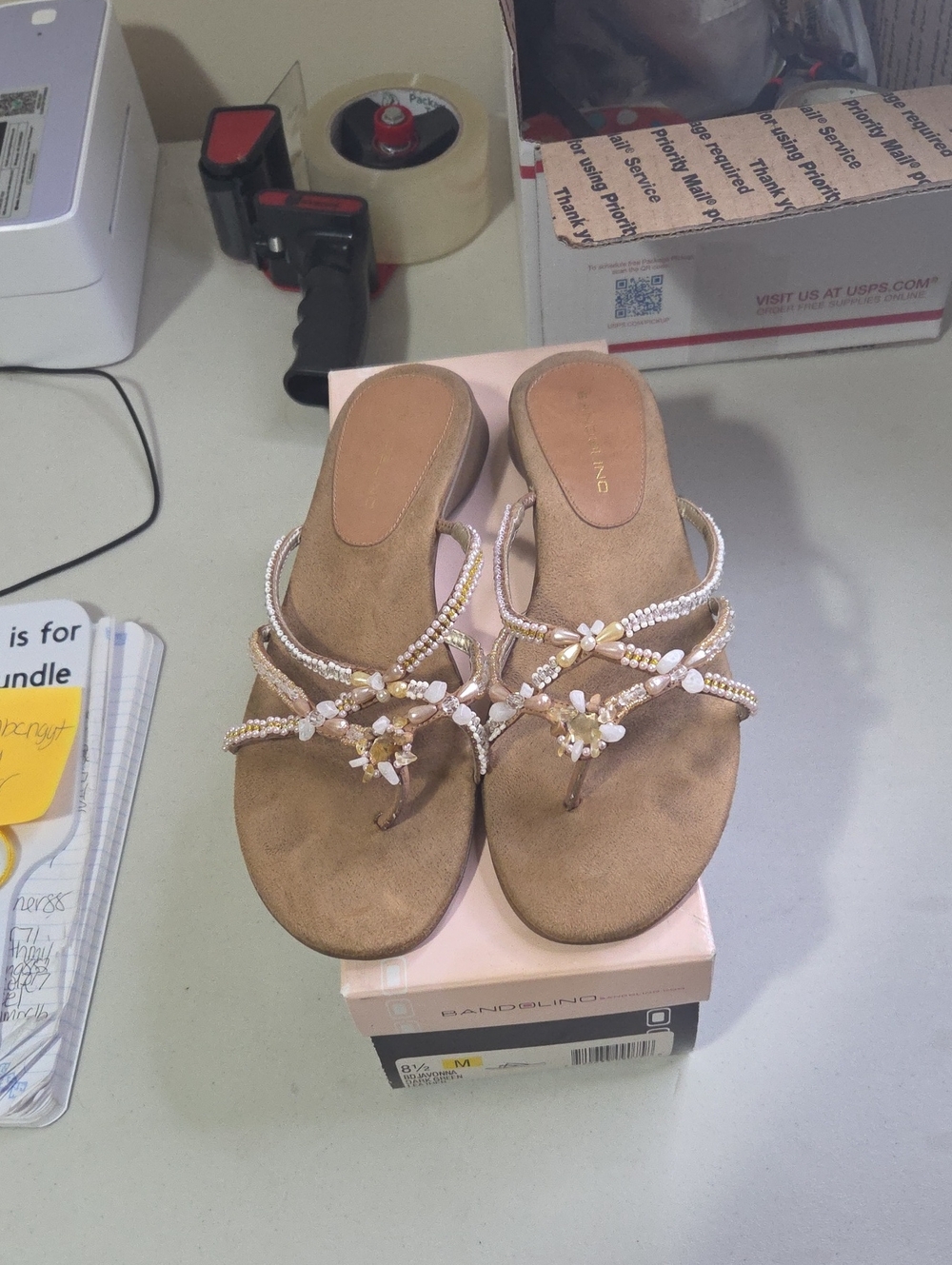 Bandolino Beige Beaded Floral Toe-Post Sandals